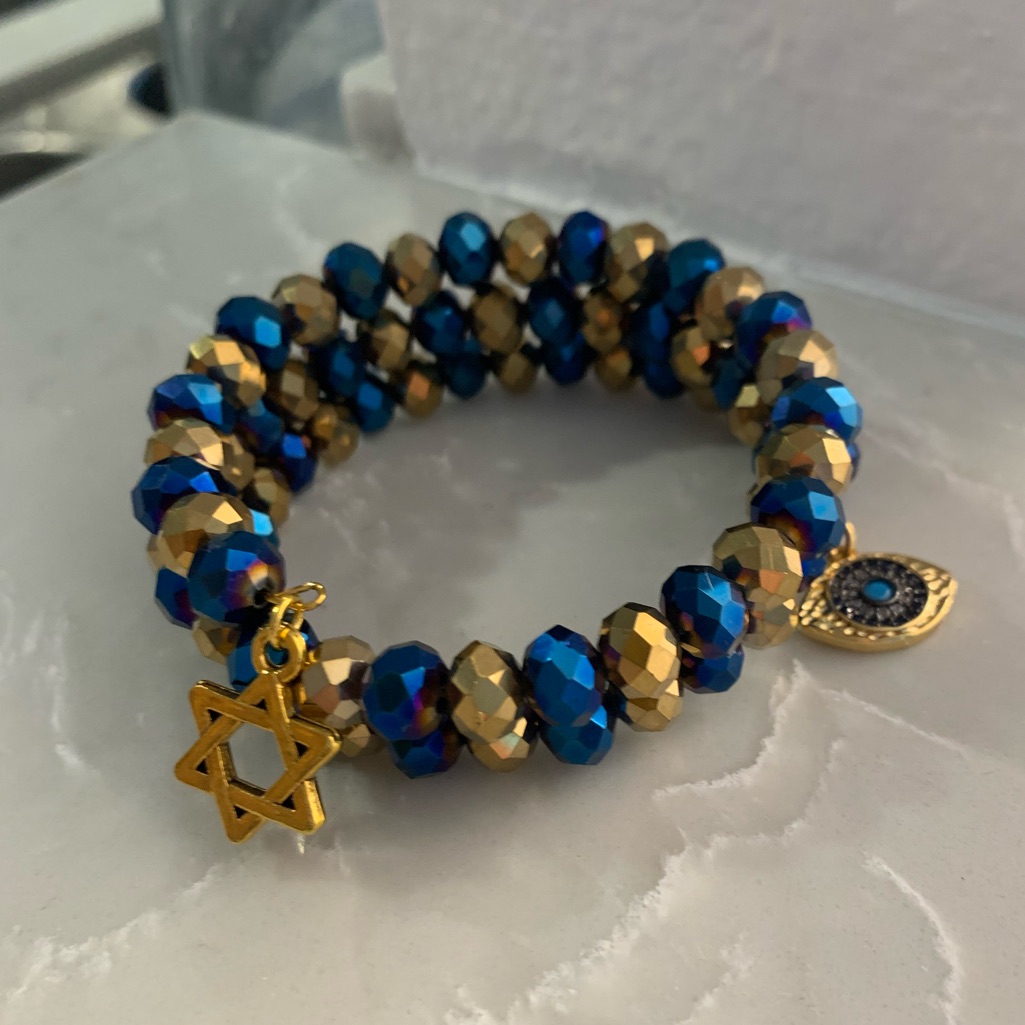 Handmade Blue/Gold Statement Bracelet - Star Of David And Evil Eye